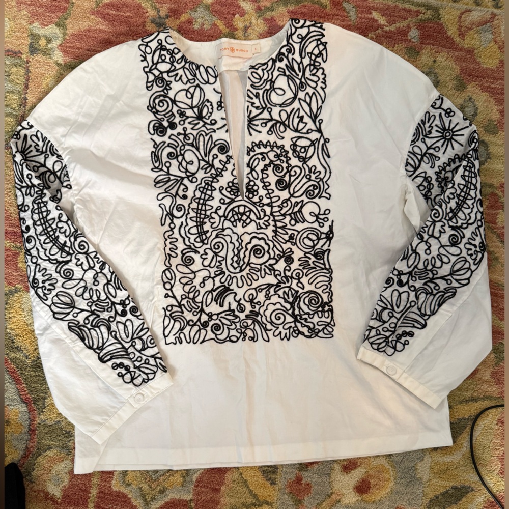 Tory Burch White Top with Black Embroidery
